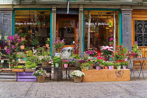 Colorful flowers in front of flower shop at the old town of Swiss City of Winterthur on a cloudy spring day. Photo taken May 17th, 2023, Winterthur, Switzerland.