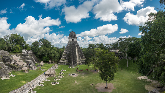 Pyramid and the Temple in Tikal Park. Sightseeing object in Guatemala with Mayan Temples and Ceremonial Ruins. Tikal is an ancient Mayan Citadel in the Rainforests of Northern Guatemala.