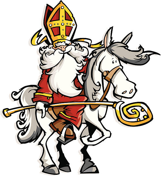 stockillustraties, clipart, cartoons en iconen met sinterklaas (santa claus) on horse sint nicolaas - pepernoten