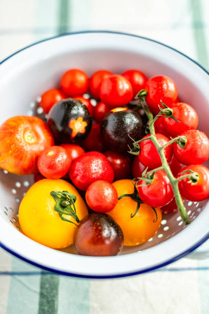 istock Various types of whole organic tomatoes in a white enamel colander 1562588037