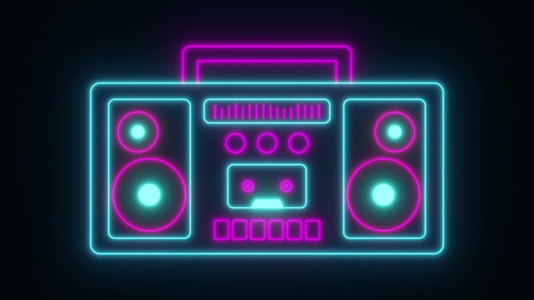 Abstract neon Retro Boombox Music Tape Recorder Radio Old Vintage cassette player for partys and dance occasions. Ghetto blaster with looping vibrating speakers and rolling cassette. Seamless VJ loop