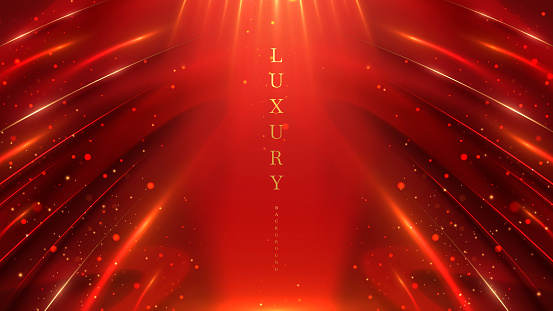 Red luxury modern art abstract background with elegant gold line curve and glitter light decorations with bokeh effects on dark scene.