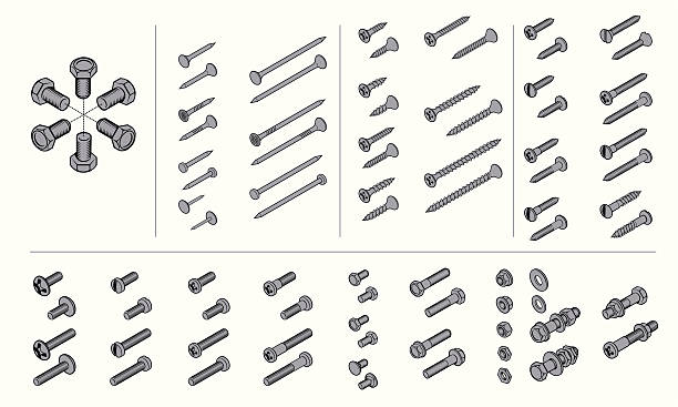 schrauben, nüsse und nägel in isometric anzeigen - schraube stock-grafiken, -clipart, -cartoons und -symbole