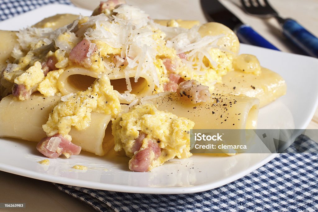 macaroni carbonara pasta close-up of a plate full of macaroni carbonara pasta Carbonara Sauce Stock Photo