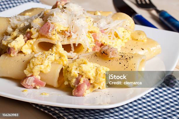 Macaroni Carbonara Pasta Stock Photo - Download Image Now - Carbonara Sauce, Cheese, Crockery