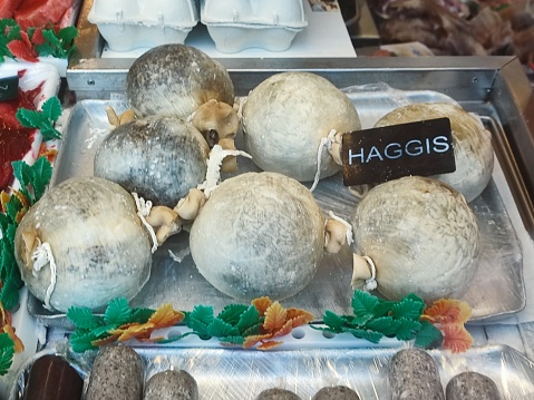traditional scottish historical food haggis for sale at glasgow england uk