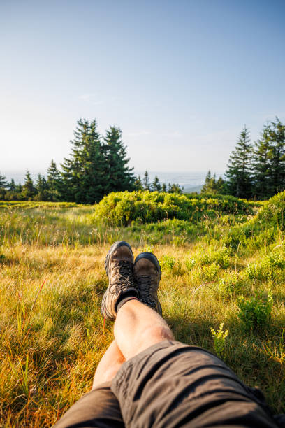 Relaxation in mountain forest during trekking. Crossed male legs with leather hiking boots