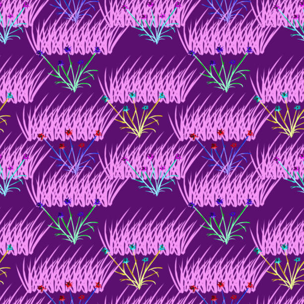 bildbanksillustrationer, clip art samt tecknat material och ikoner med pink grass and orchid seamless pattern on purple background - österlen