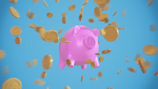 Pig piggy bank and gold coins.