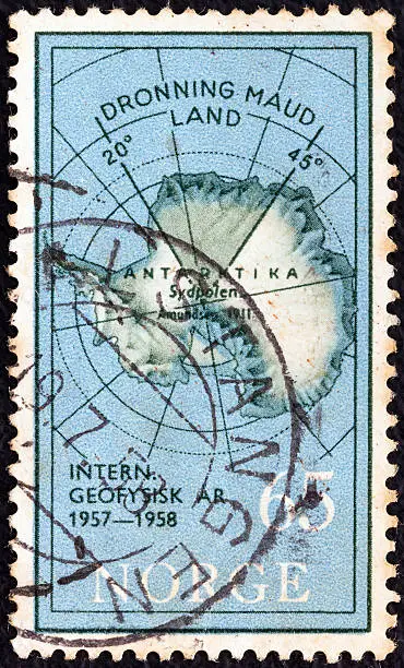 NORWAY - CIRCA 1957: A stamp printed in Norway issued for the International Geophysical Year shows Map of Antarctica and Queen Maud Land