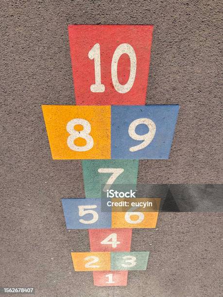 Colorful Game Of Hopscotch Stock Photo - Download Image Now - Numerology, Color Image, Colors