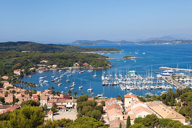 View of Porquerolles island marina in France stock photo