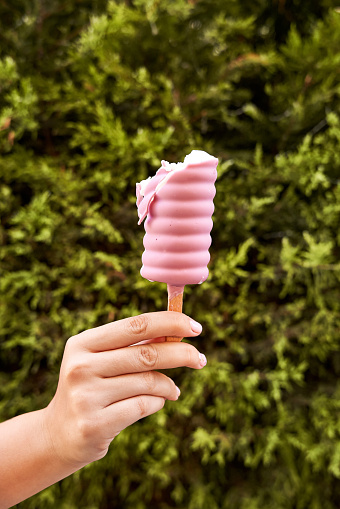 Bitten ice cream stick in woman's hand