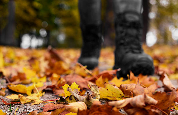 Woman Hiking In the Woods Autumn in the Woods. Walking through yellow and orange leaves. Woman wearing black boots. Defocusing combined with selective focus on leaves in front of boots. Low perspective, front view. hott stock pictures, royalty-free photos & images