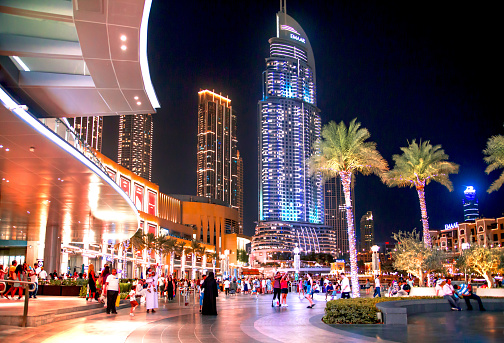 Dubai, United Arab Emirates - November 22, 2019: Dubai Mall, luxury shopping center Fashion Avenue entrance in a sunny day