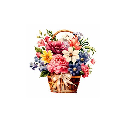 Watercolor clipart of floral basket in vintage style