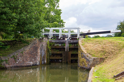 Canal lock gates on the Kennet & Avon canal near Devizes Caen hill flight of locks Wiltshire UK