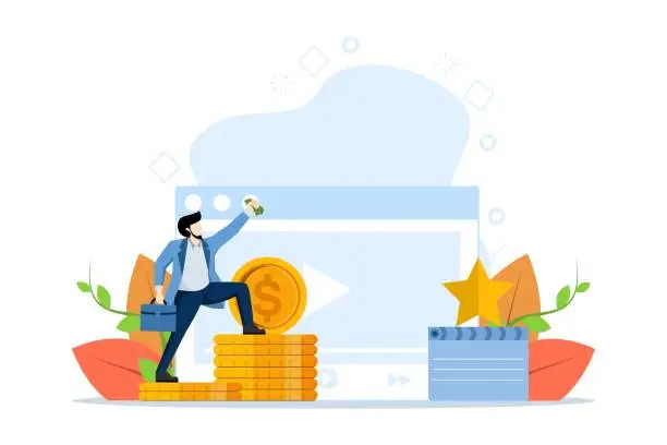 Vector illustration of Concept of blog monetization, earn money on internet, online income. Men make money online on video hosting. Successful bloggers monetize video blogs. Vector illustration in flat shape for design.