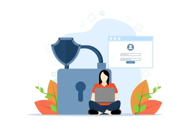 Vector illustration of Concept of terms and conditions, privacy policy, user consent, remote transaction, personal data protection, Woman sitting in front of lock with laptop. flat vector illustration on a white background.