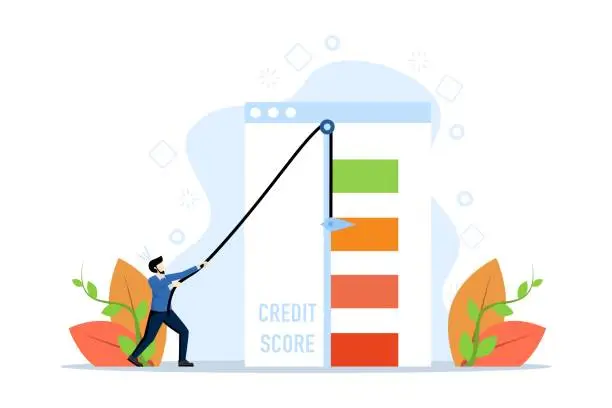 Vector illustration of Good or bad credit score concept, banking, bank rating. Successful man improving credit rating. Vector illustration in flat design for UI, web banner, mobile app