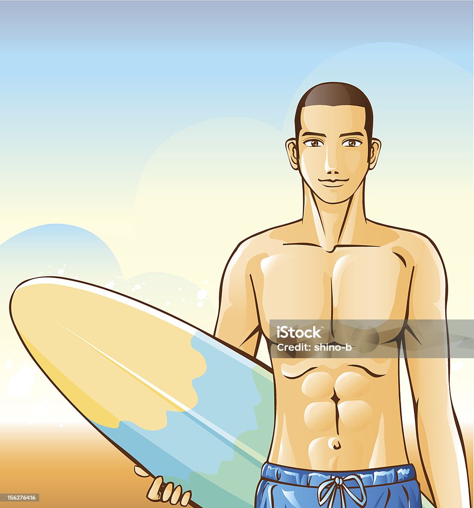 Homem segurando uma prancha na praia - Vetor de Revista em quadrinhos - Produção artística royalty-free