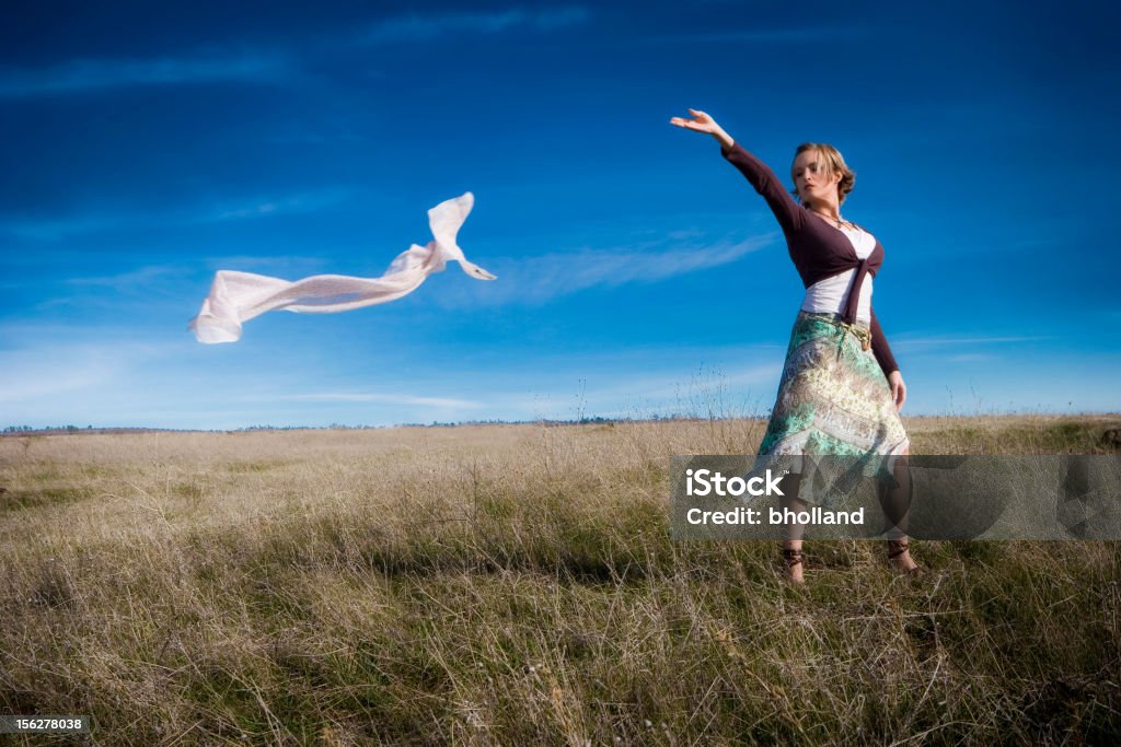 Młoda kobieta stoi w polu Lettting wiatr przyjmować Szal - Zbiór zdjęć royalty-free (Szalik)