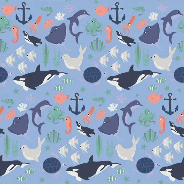 Vector illustration of Vector seamless pattern with devil fish,orca,turtle,octopus,shrimp,seahorse,squid,penguin,seal.Underwater cartoon creatures.Cute ocean pattern for fabric, childrens clothing,textiles,wrapping paper