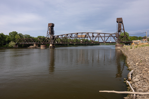 An old railroad lift bridge crossing the Mississippi River.