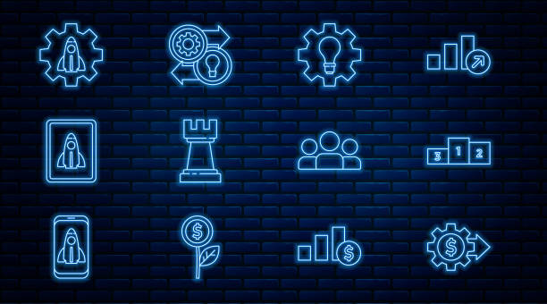 Set line Gear with dollar, Business podium, Light bulb and gear, Chess, Startup project concept, Users group and Human resources icon. Vector Set line Gear with dollar Business podium Light bulb and gear Chess Startup project concept Users group and Human resources icon. Vector. rocket launch platform stock illustrations