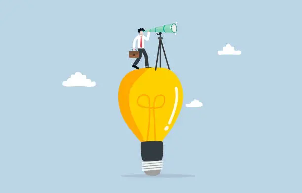 Vector illustration of Searching for innovation or creativity, finding new idea to grow business, new solution for marketing concept, Businessman looking through telescope on light bulb.