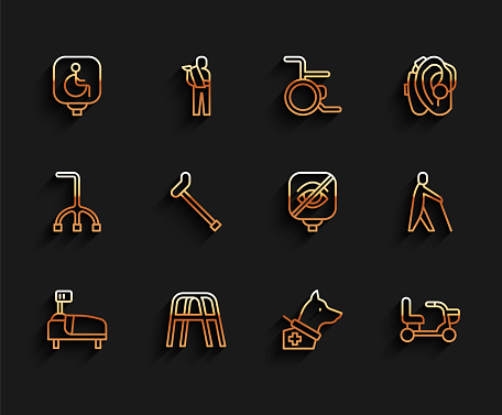 Set line Hospital bed Walker Disabled wheelchair Guide dog Electric Walking stick cane Blind human holding and Blindness icon. Vector.