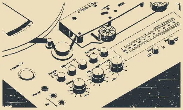 Vector illustration of Tape drive mechanism of reel-to-reel recorder close-up retro poster