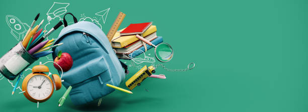 istock School accessories with school bag on green background with copy space. Ready for school concept. 1562864866