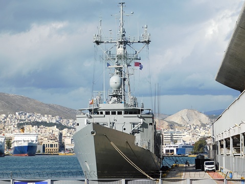 A Spanish Navy frigate in the port of Piraeus