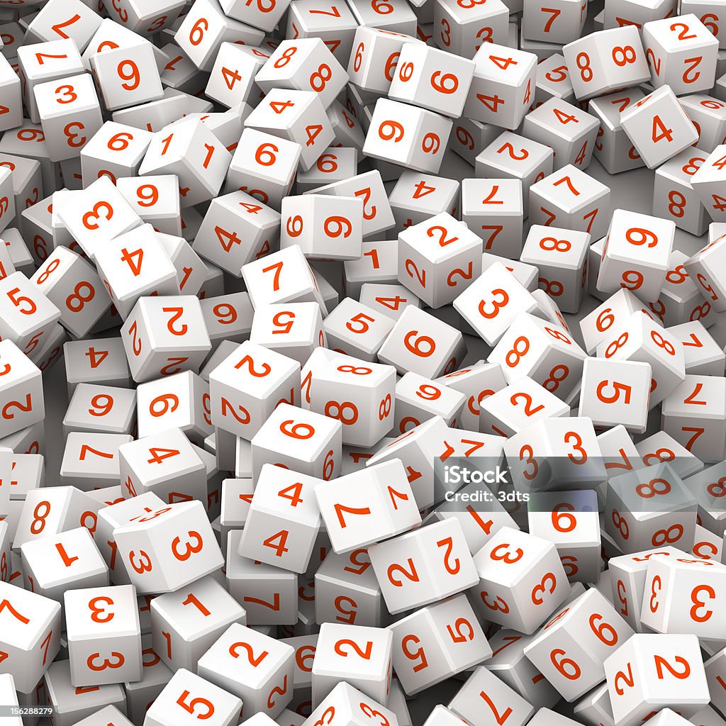 Numbers on fallen white cubes Digitally generated image  - Cubes with random red numbers fallen with apparent disorder Block Shape Stock Photo