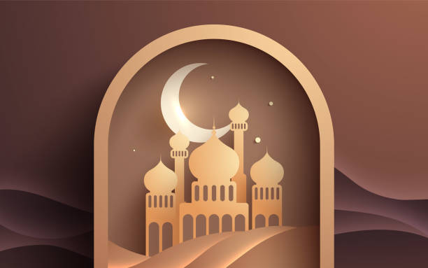 istock Islamic Ramadan papercut background design with mosque and a moon 1562883261
