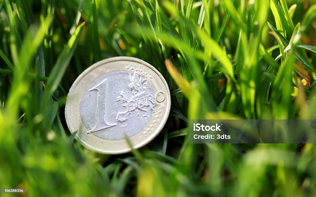 Moneta da un Euro in erba, macro girato - Foto stock royalty-free di Valuta dell'Unione Europea