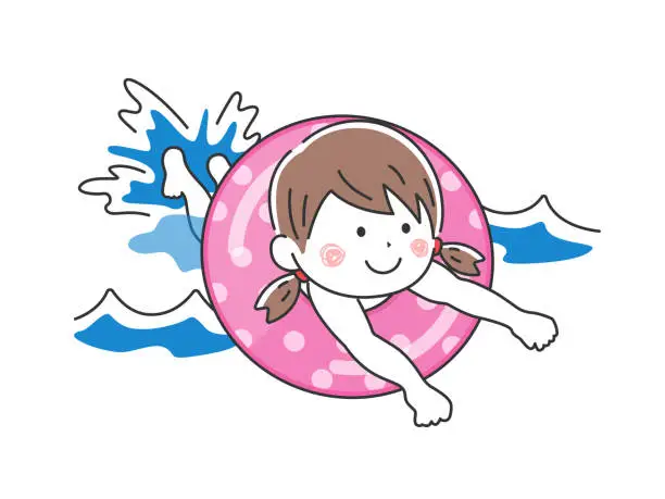 Vector illustration of A free illustration of a girl swimming in the sea using an inflatable ring.