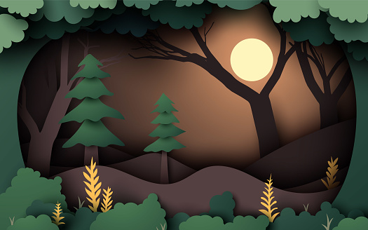 Papercut background with features a forest.