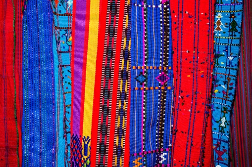 A closeup shot of details on handmade Milenary Mayan cultural textiles from Guatemala