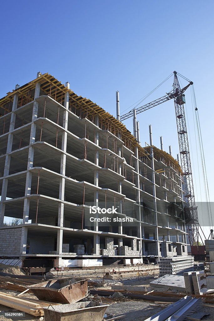 Building area Construction of prefabricated house with a tower crane Activity Stock Photo