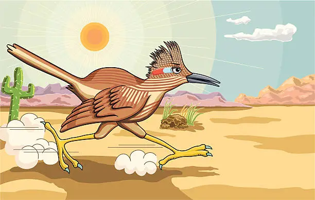 Vector illustration of Roadrunner Running Through the Desert with Mountains, Sunny Sky Background