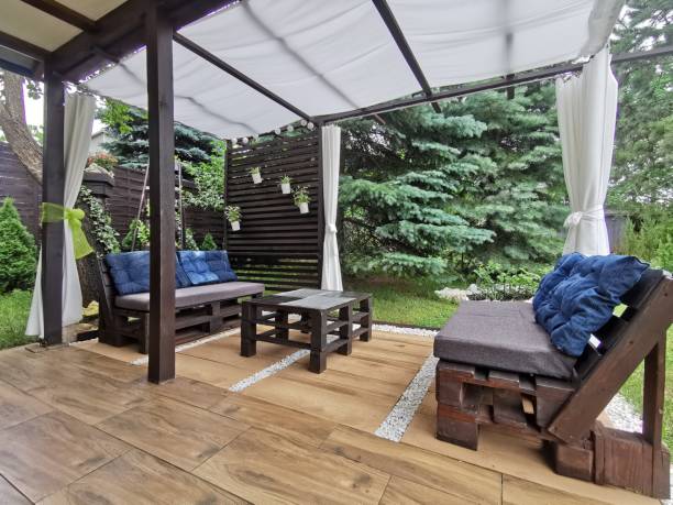istock Terrace on the plot flowers and a roofed place for summer rest 1562922508