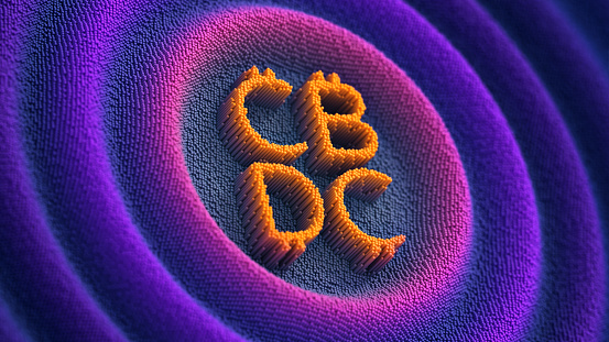CBDC icon on the digital futuristic blue wavy pixelated background. Central Bank Digital Currency.  3d render with bright colors.
