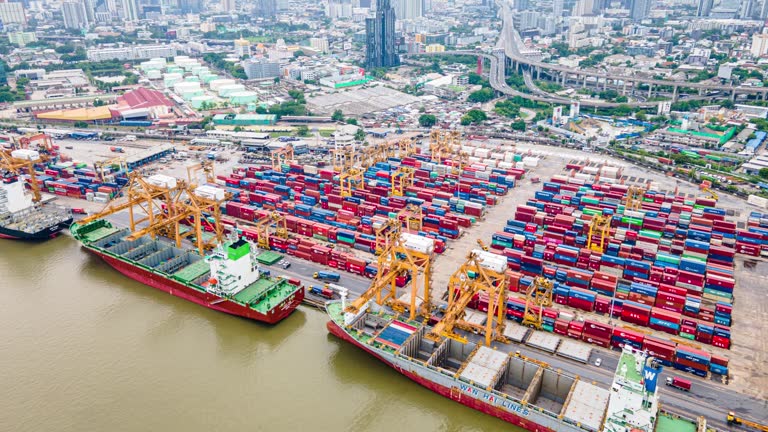 Aerial Hyper or Time Lapse Video, Night Containers and Ships in International Cargo Port