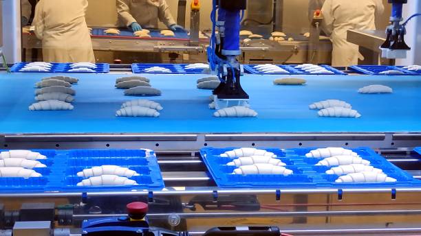 Closeup. A smart robotic arm places croissants on a baking sheet. Smart robotic arm speeds up work in croissant production. A smart robotic arm works with high precision in a food factory. closeup. un brazo robótico inteligente coloca croissants en una bandeja para hornear. el brazo robótico inteligente acelera el trabajo en la producción de croissants. un brazo robótico inteligente funciona con alta precisión en una fábrica de aliment