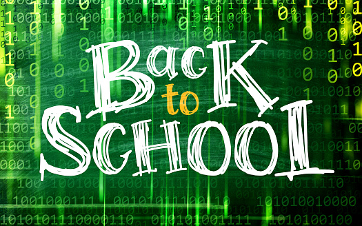 BACK TO SCHOOL lettering on a green binary code background. Can illustrate the concept of online education - distance learning, distance education, e-learning, online learning.