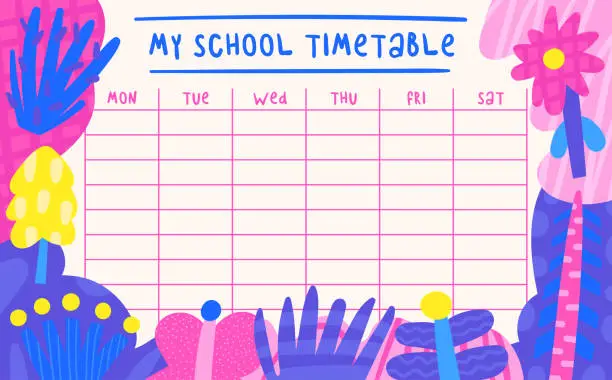 Vector illustration of Back to school cosmic theme timetable. Cute hand drawn doodle schedule template for students, pupils, kids with funny plants, trees, leaves, flowers, berries, nature elements.