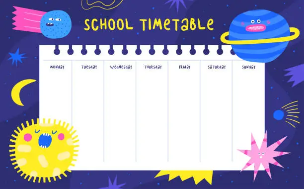 Vector illustration of Back to school cosmic theme timetable. Cute hand drawn doodle schedule template for students, pupils, kids with funny moody characters, sun, jupiter, comet, planets, stars, moon.