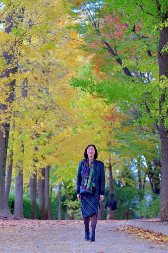A Japanese woman in her early 60's is walking under the tunnel of, and enjoying, the autumn leaf color of ginkgo trees in public park of Tokyo, Japan.
